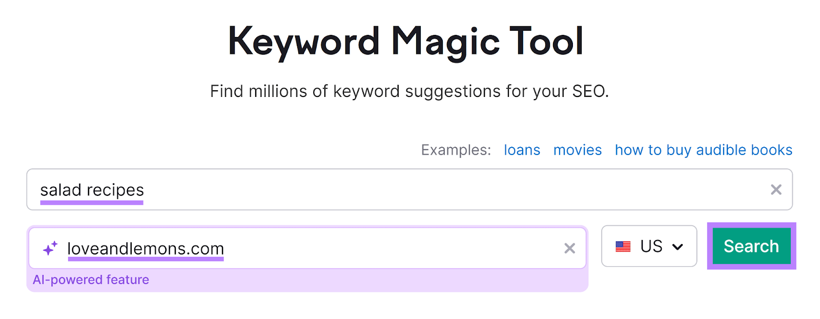 Semrush Keyword Magic Tool start page with keyword and domain entered and Search button highlighted