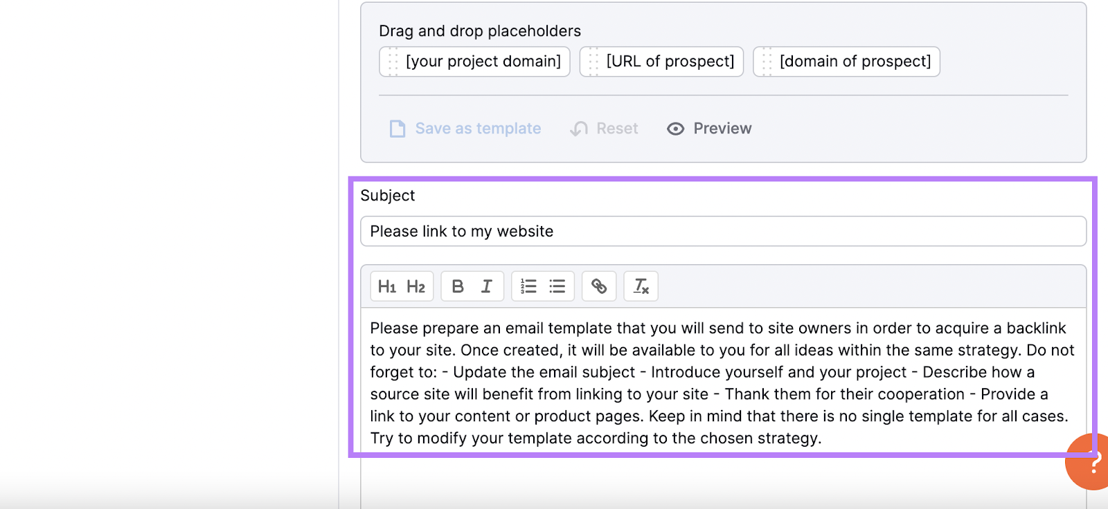 Link Building Tool's outreach email template