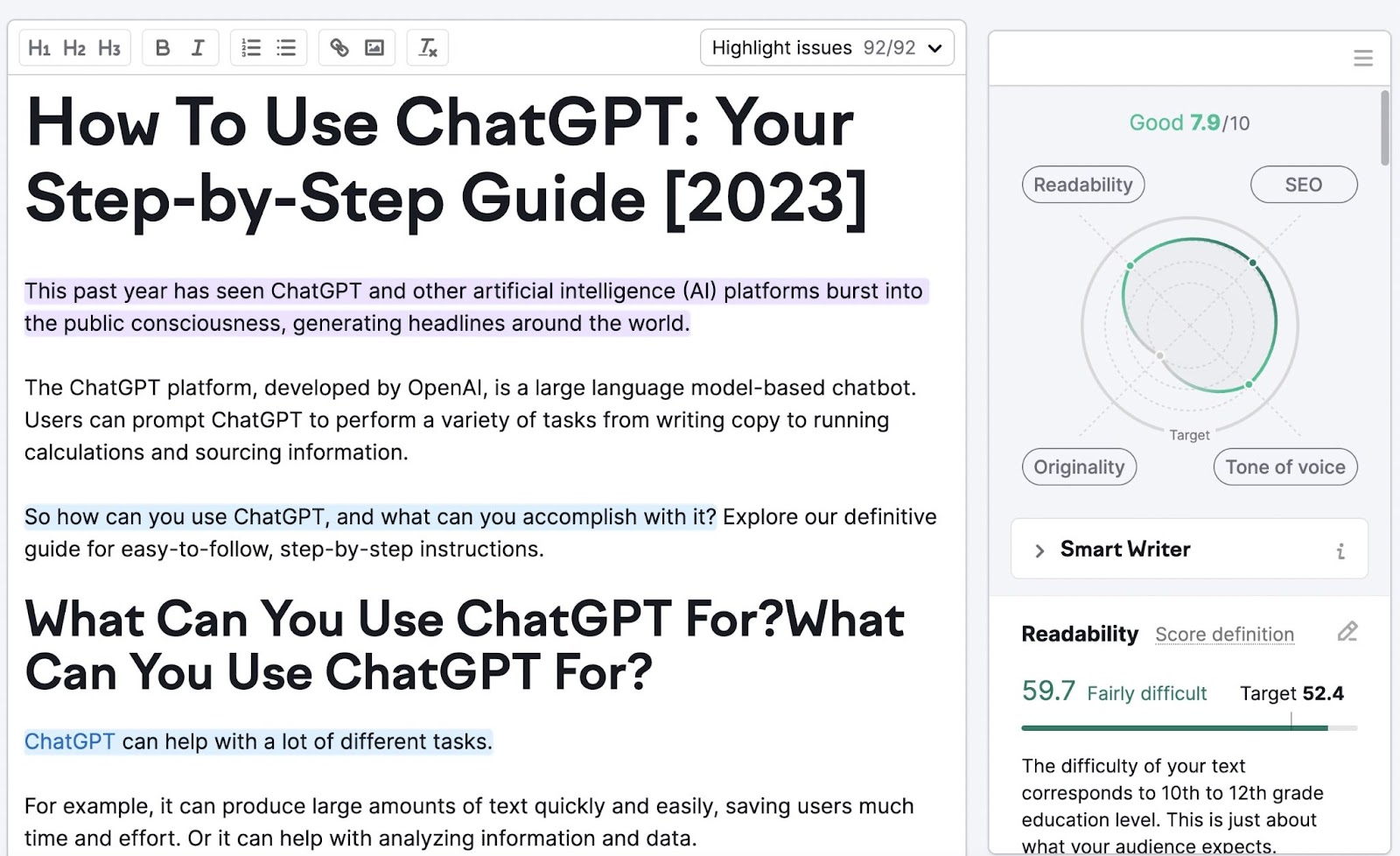 SEO Writing Assistant editor with an article on how to use ChatGPT entered
