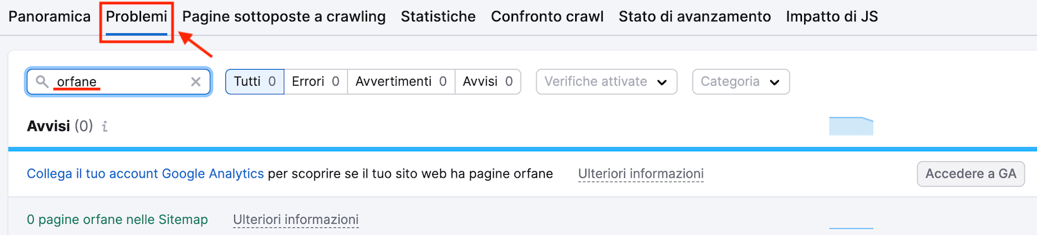 Pagine orfane rilevate da Site Audit