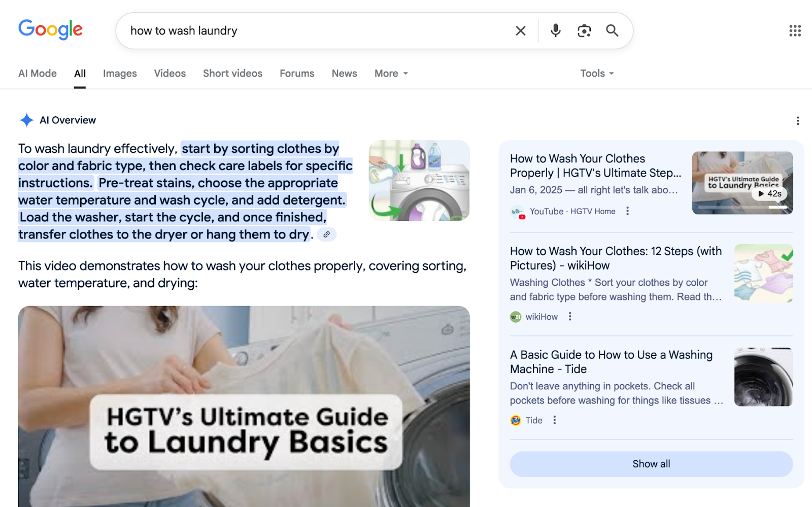 AI Overview pulls articles, video, and how-to guides to provide a thorough walkthrough.