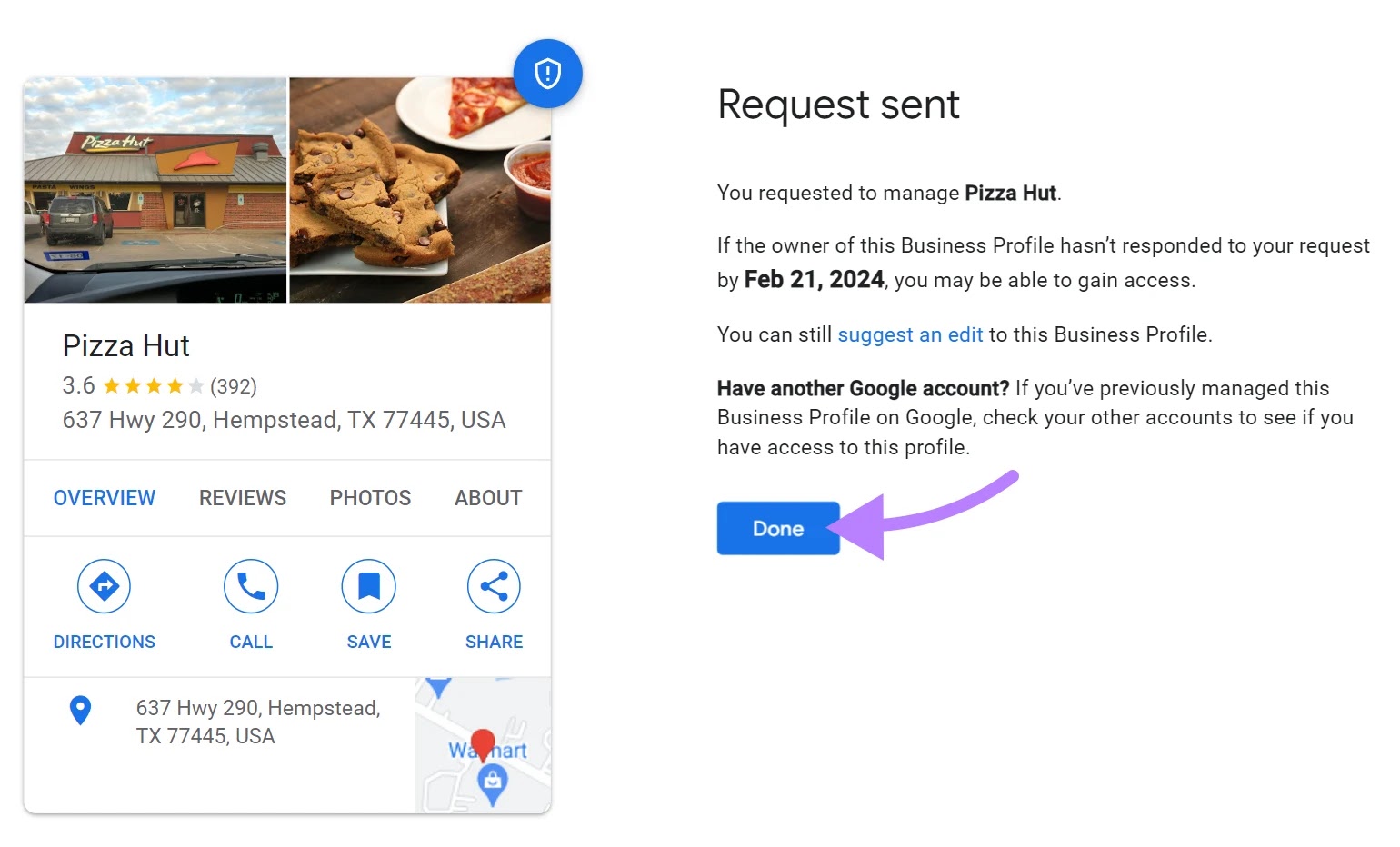 "Request sent" screen on Google