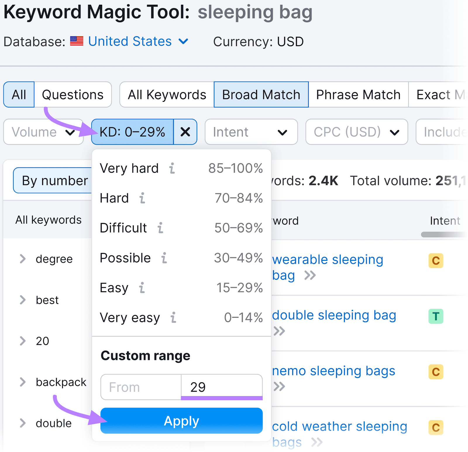 "KD%" filter set to "0-29%" in Keyword Magic Tool