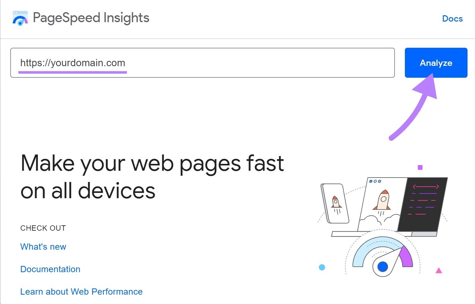 Enter a URL to PageSpeed Insights search bar