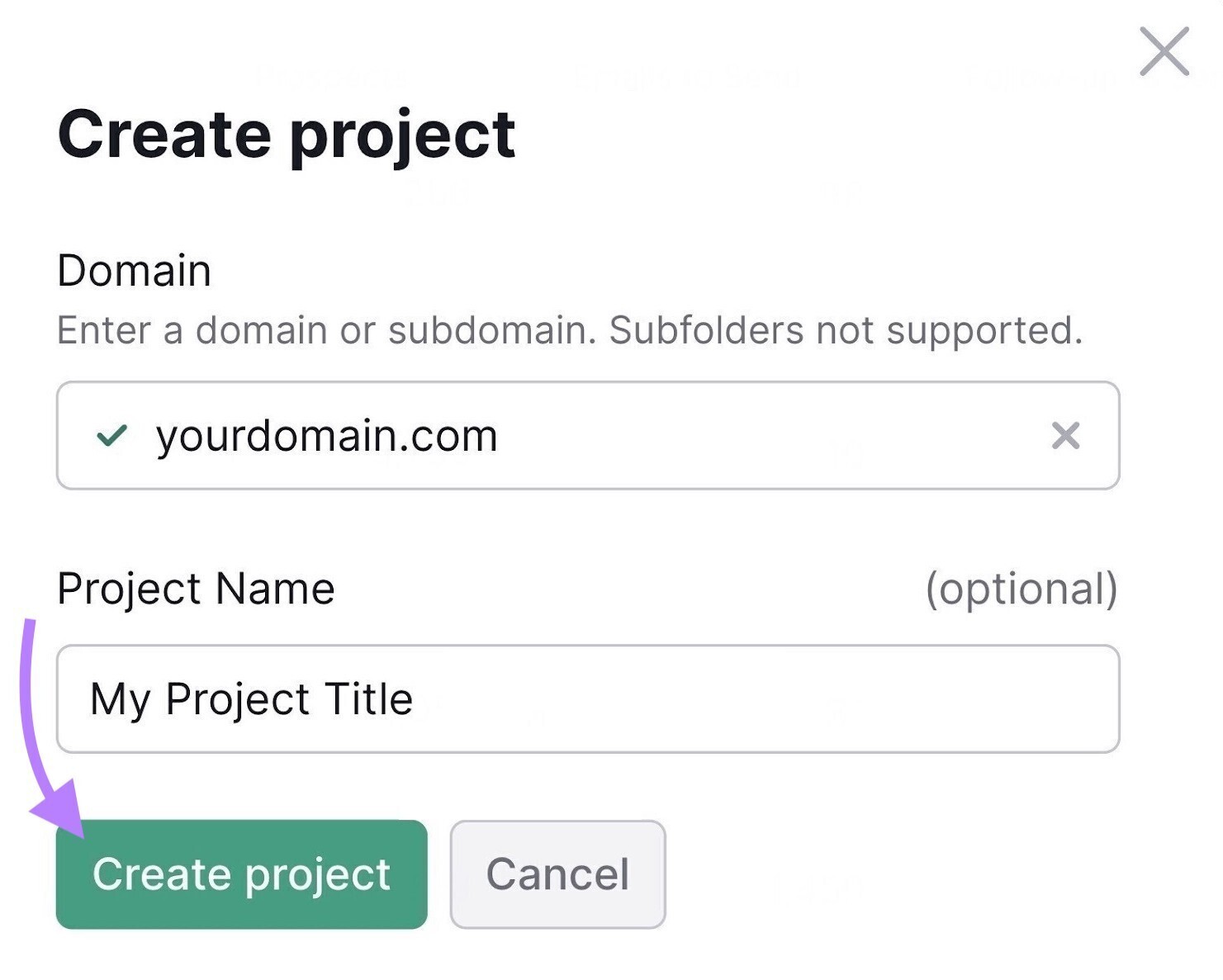 "Create project" page in Site Audit tool