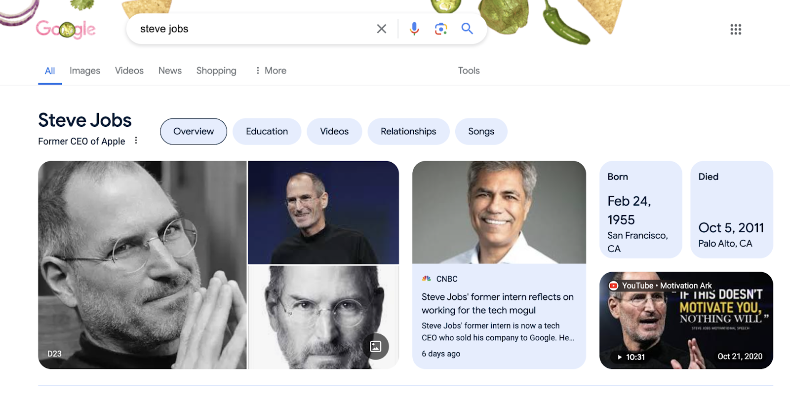 steve job knowledge panel shows information from google knowledge graph showing birth date, death date, images, news, and video