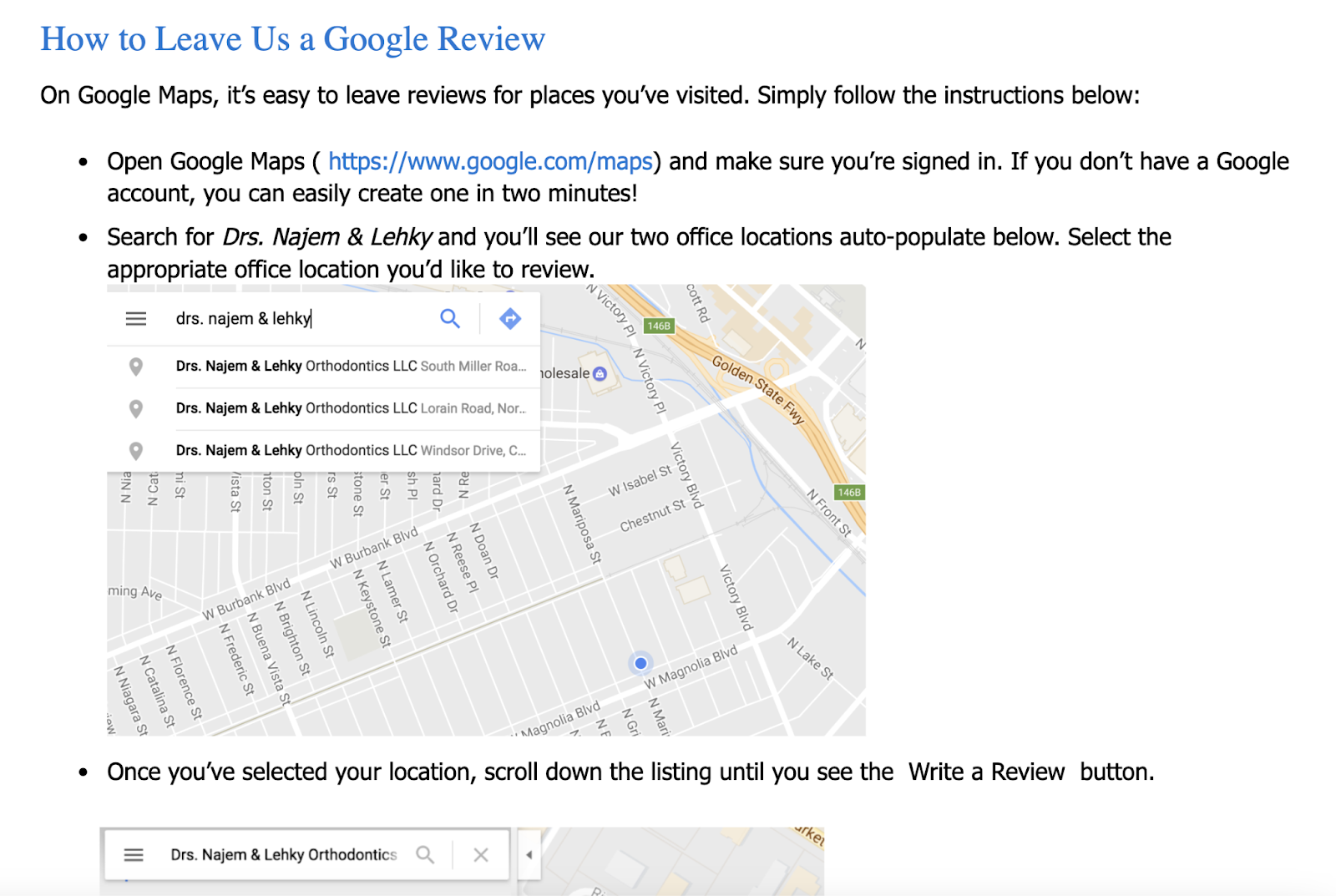 Step by step instructions on how to leave a google review for the business with screenshots