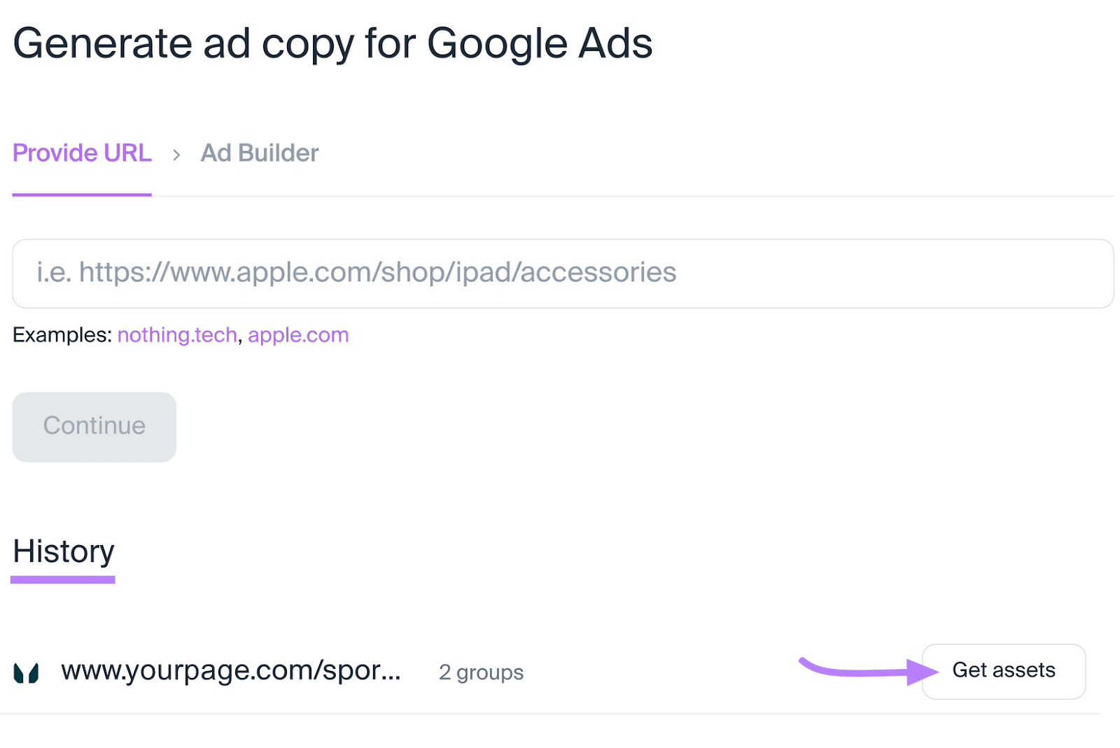 "History," and "Get assets" button highlighted in the AI Ad Copy Generator homepage