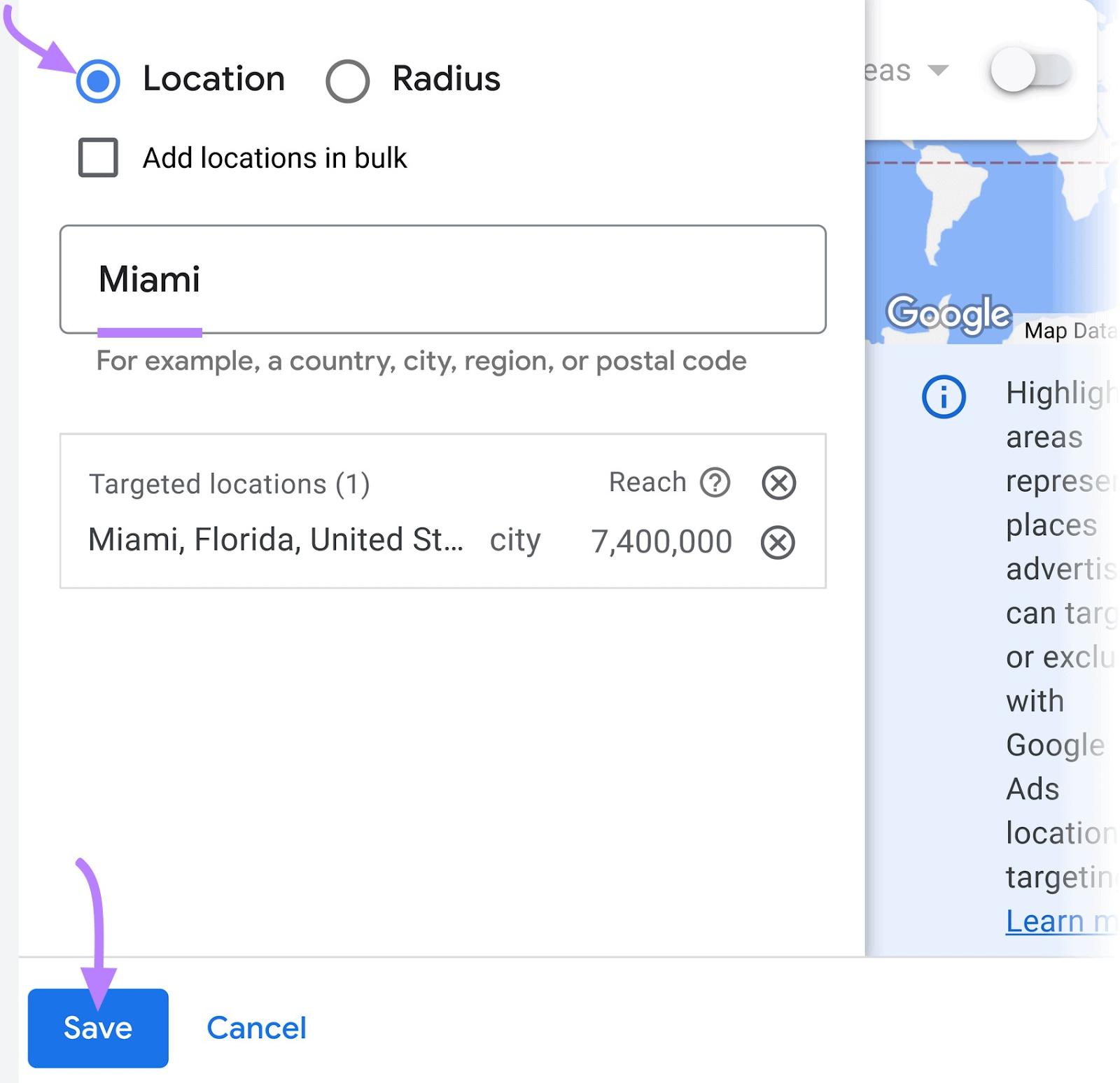 "Miami" introducido en la pestaña Ubicación