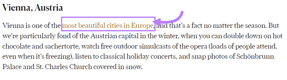 An example of a link with anchor text "most beautiful cities in Europe"