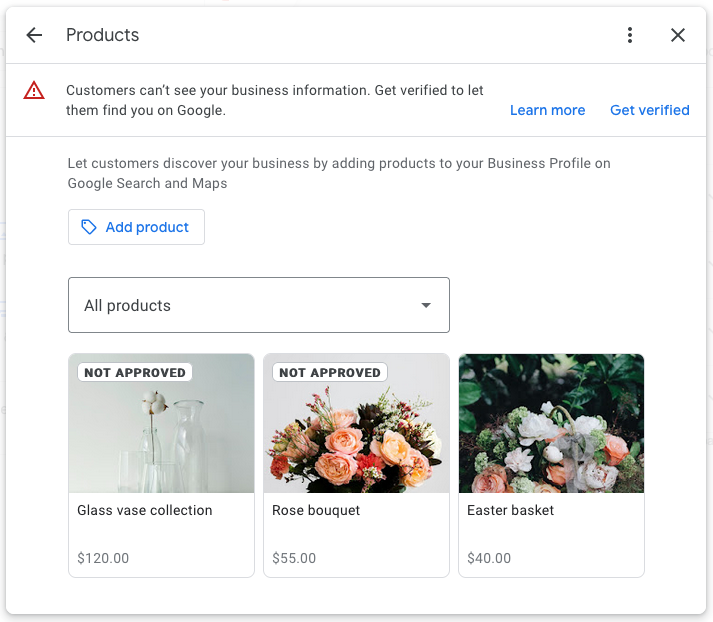 "Products" popup window with a list of added products