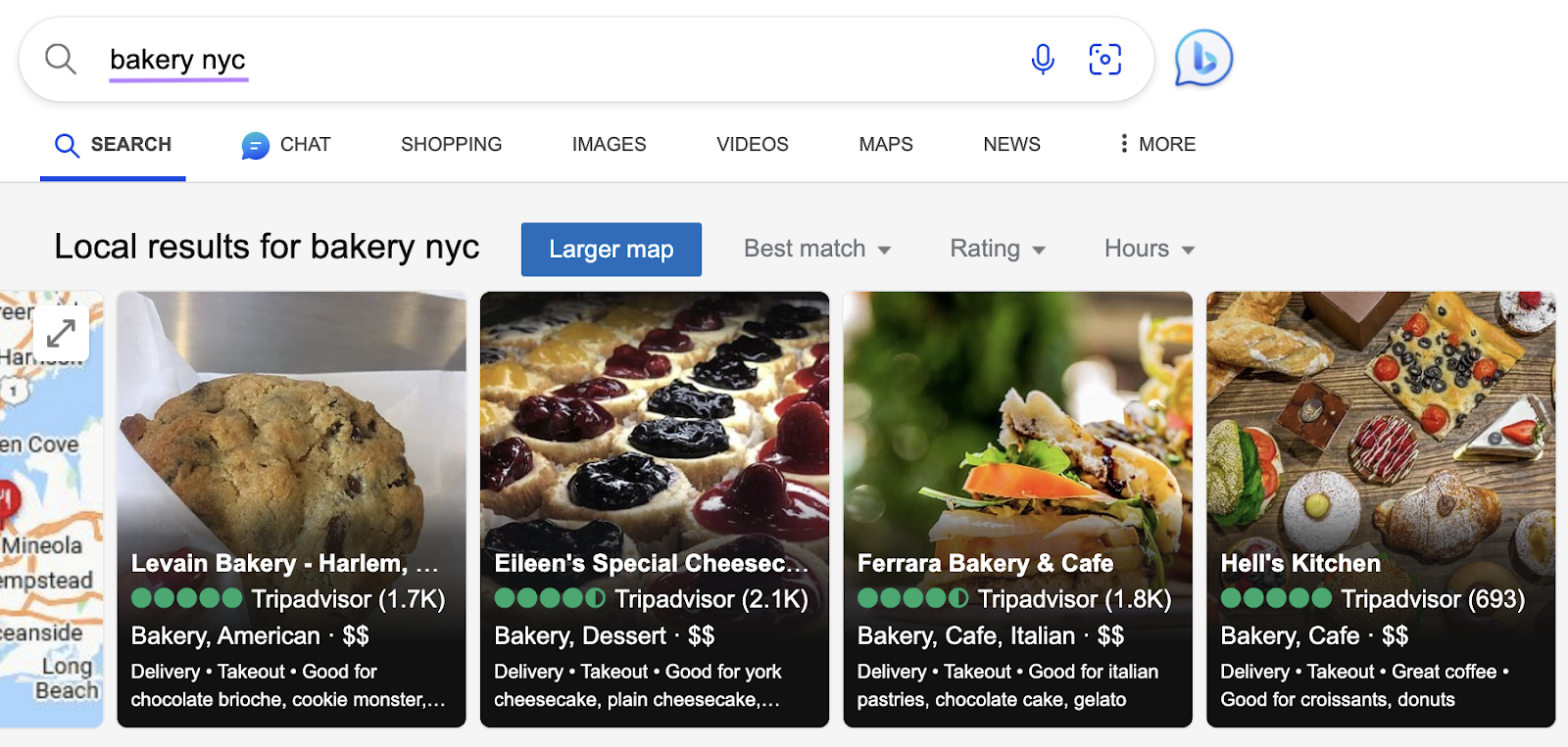Bing results for "bakery nyc" display a lot of nice images of cake, pastries etc.