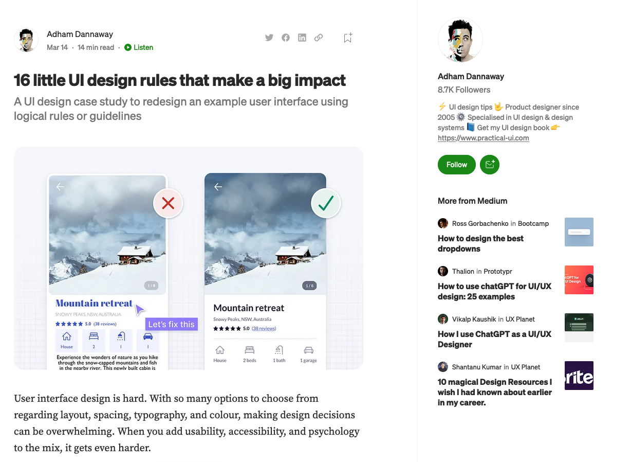 an example of a repurposed post about user interface (UI) design on Medium