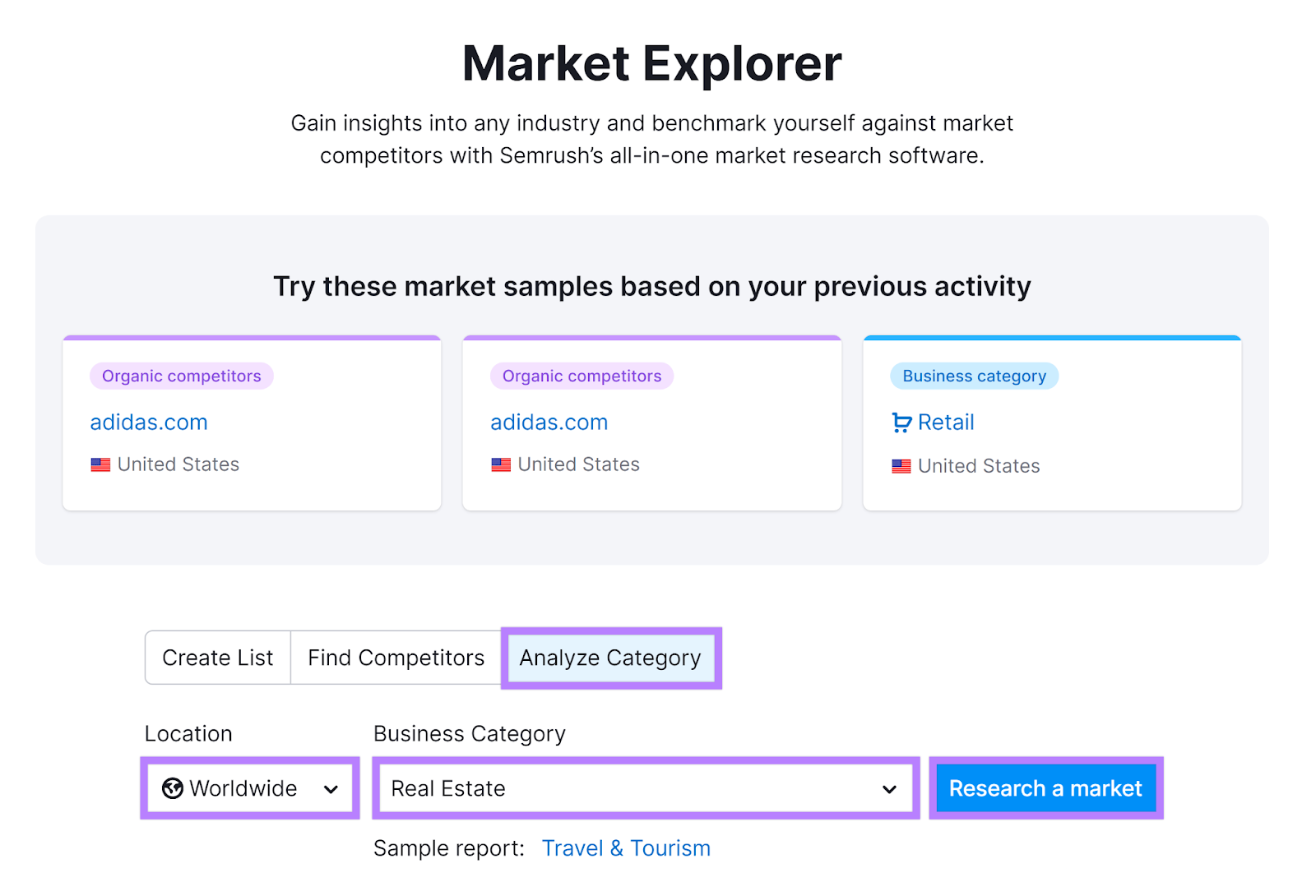 Market Explorer tool page with Analyze Category, Location, Business Category, and Research a market highlighted.