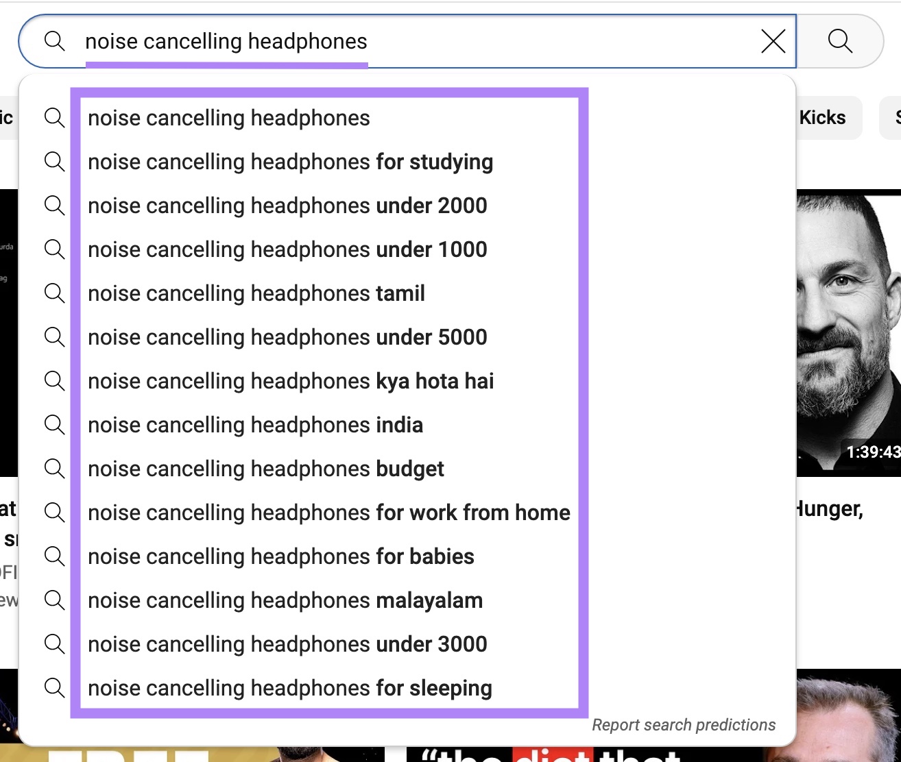 List of autocomplete suggestions for the hunt  word  'noise cancelling headphones' connected  Youtube.