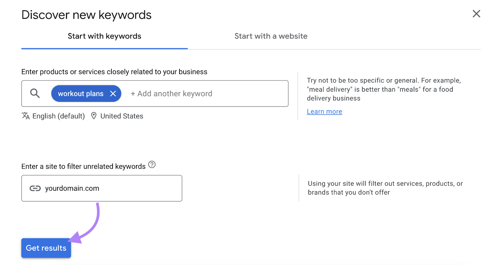 keyword and domain entered