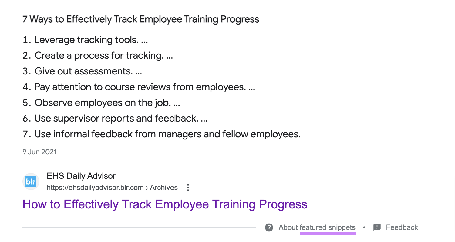 A featured snippet on Google SERP for “how to track employee training" query