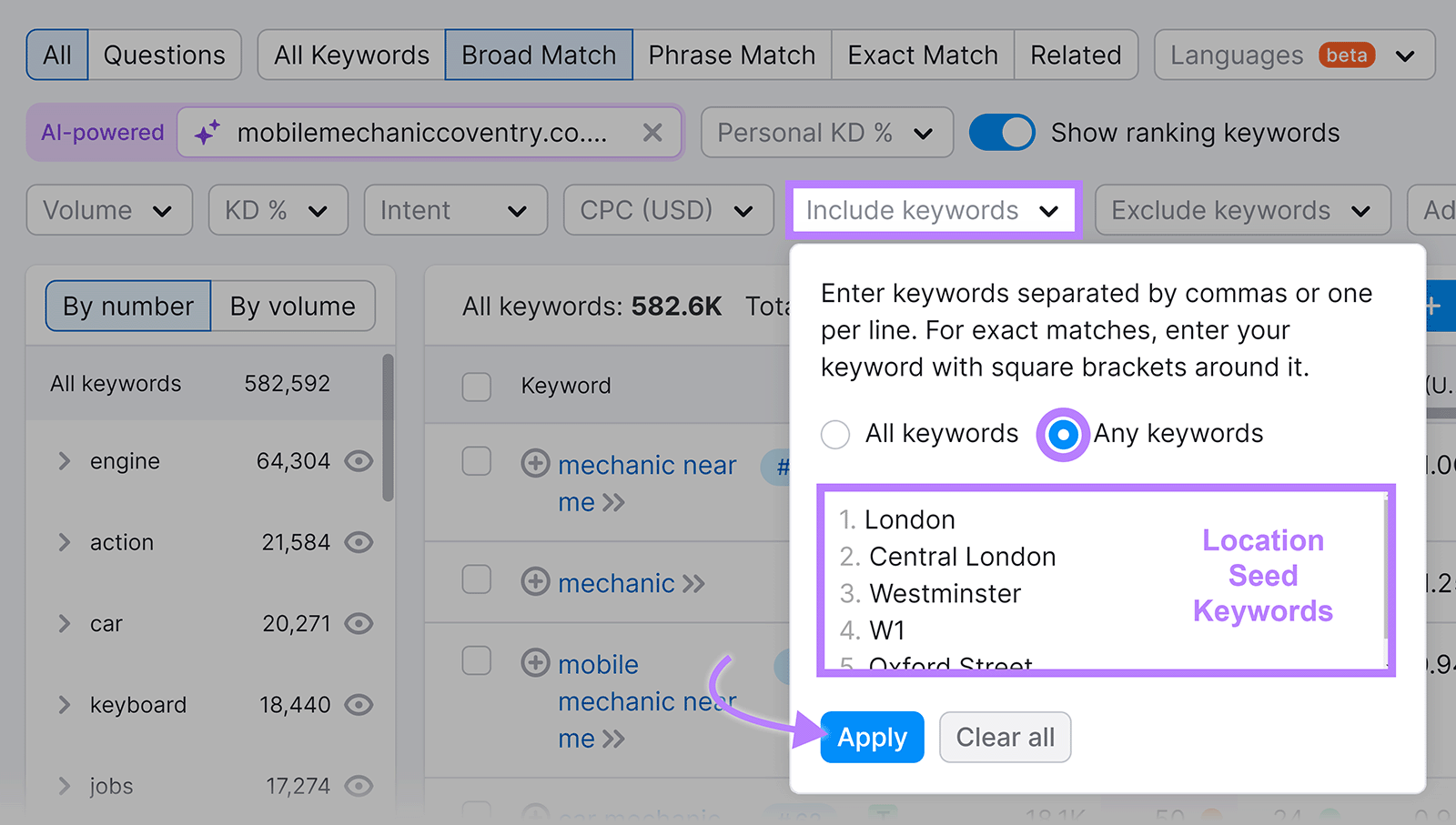 Include keywords filter, immoderate  keywords enactment    highlighted, effect    keywords entered, and arrow to Apply.