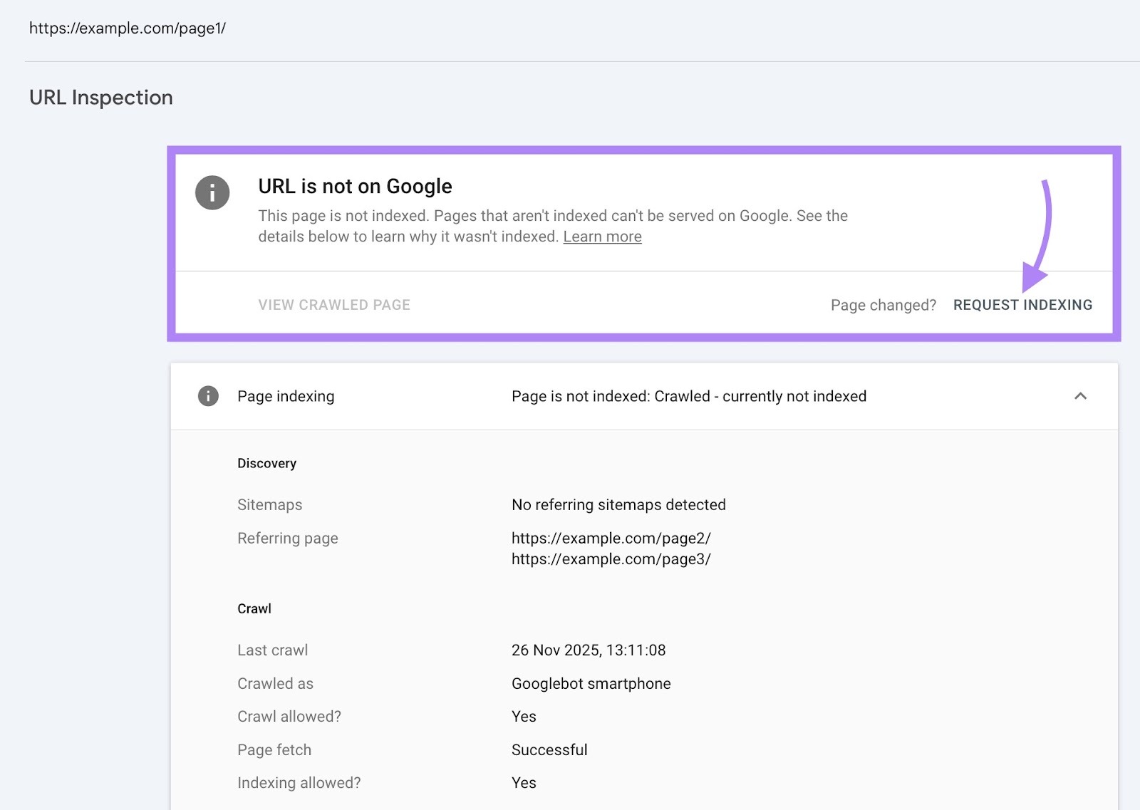 URL Inspection on Google Search Console with the "Request Indexing" button clicked.