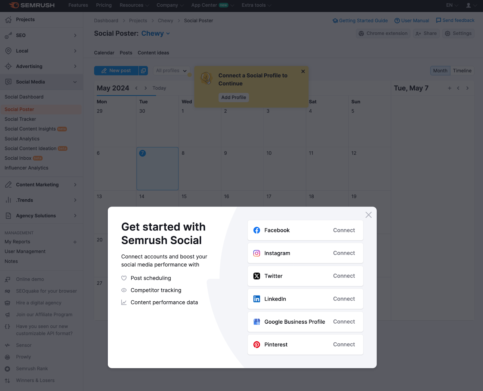 Semrush Social Poster tool dashboard with a calendar and a pop-up to connect social profiles