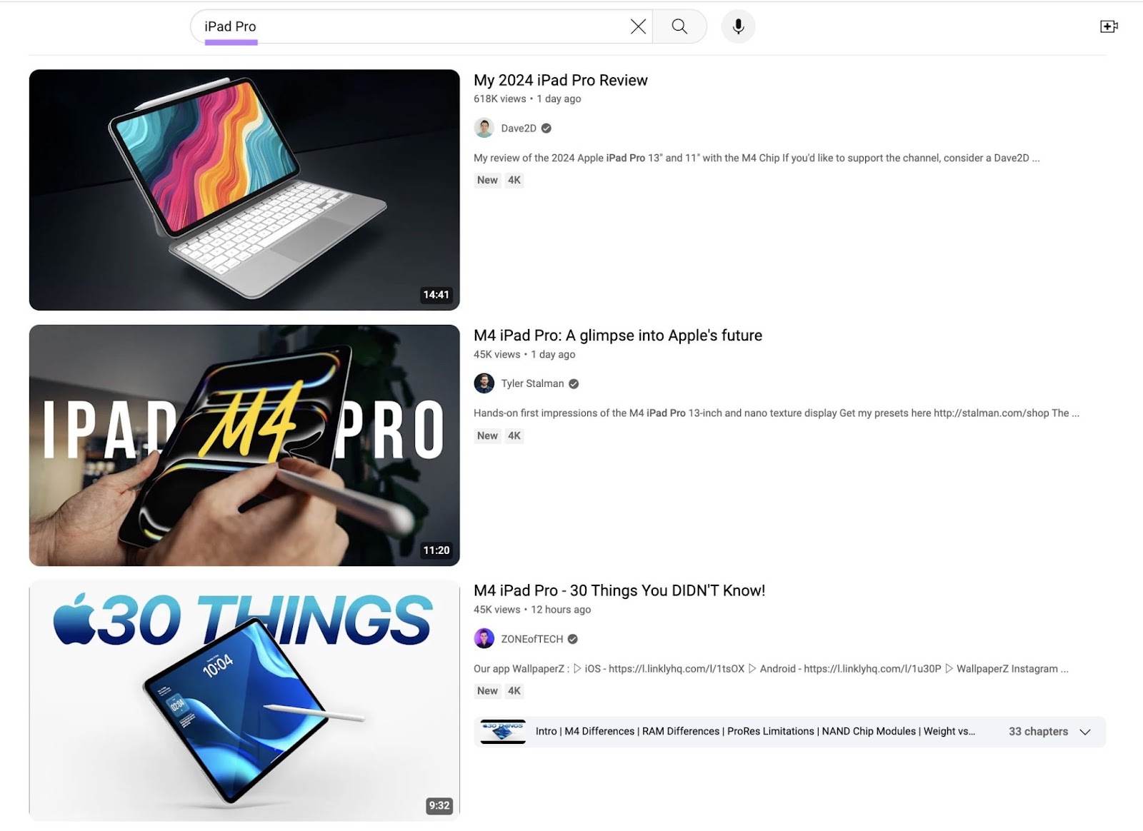 Youtube SERP for the term “iPad Pro”.