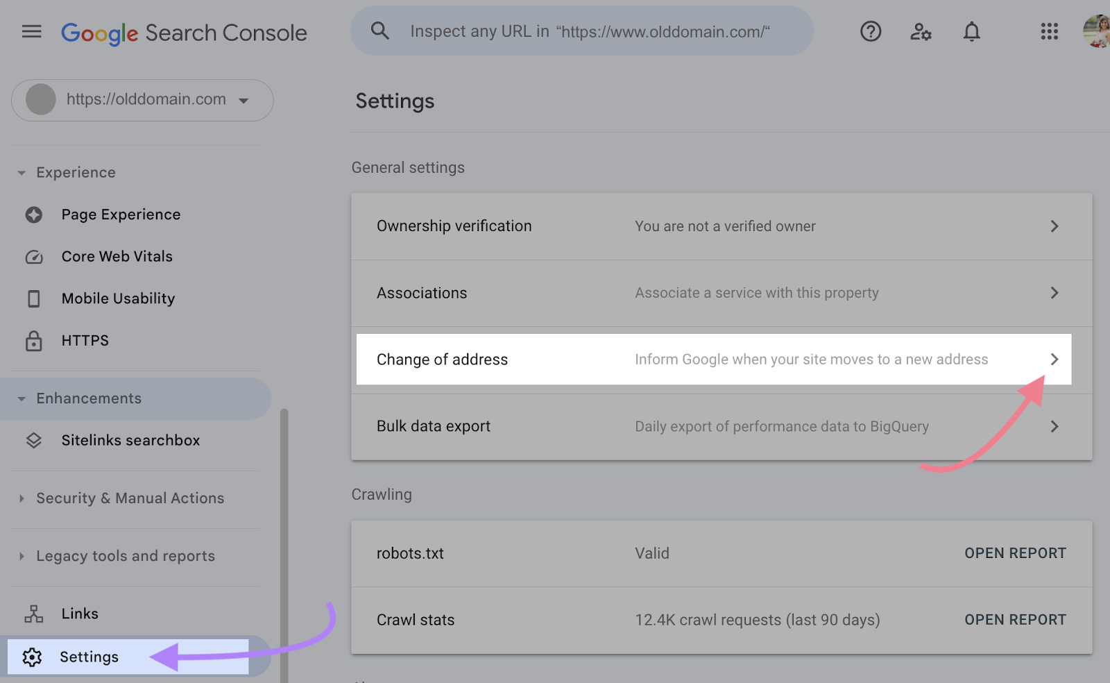 "Adressänderung" in den Einstellungen der Google Search Console ausgewählt