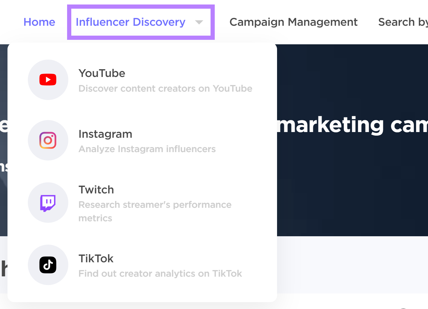 Semrush Influencer Analytics app header with Influencer Discovery menu item expanded and highlighted.