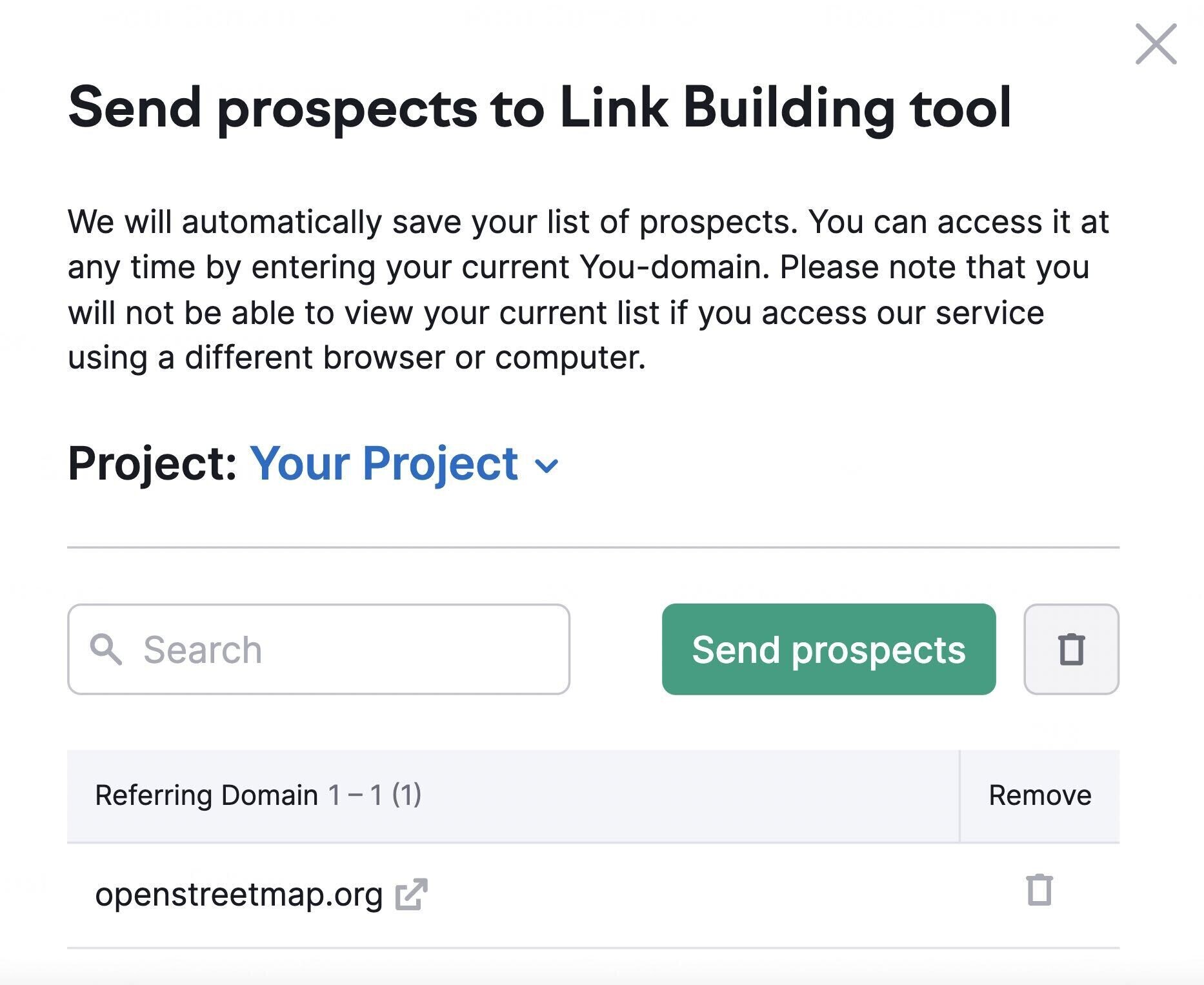 send prospects to link building tool