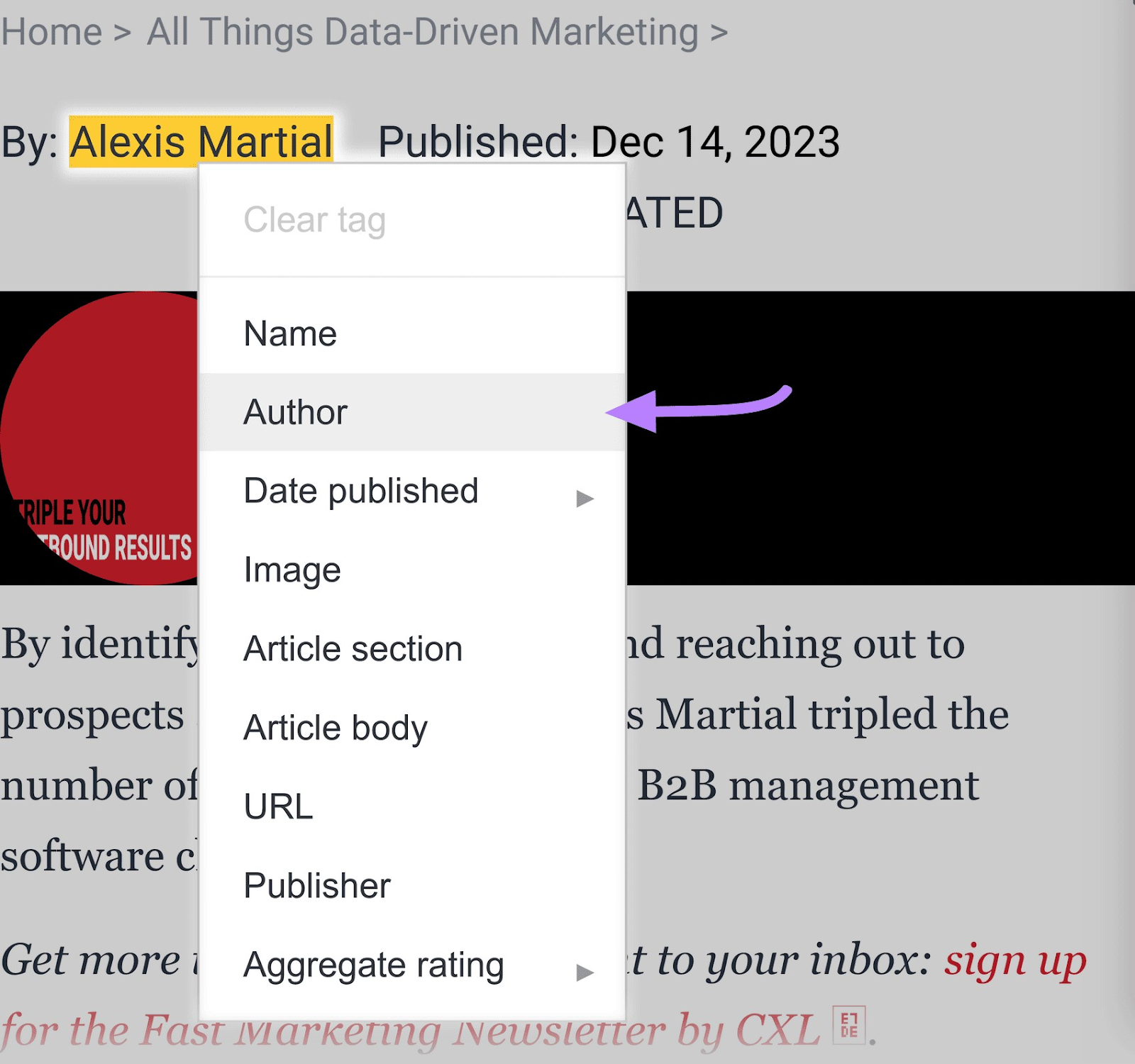 Selecting “Author” data item for the article's author