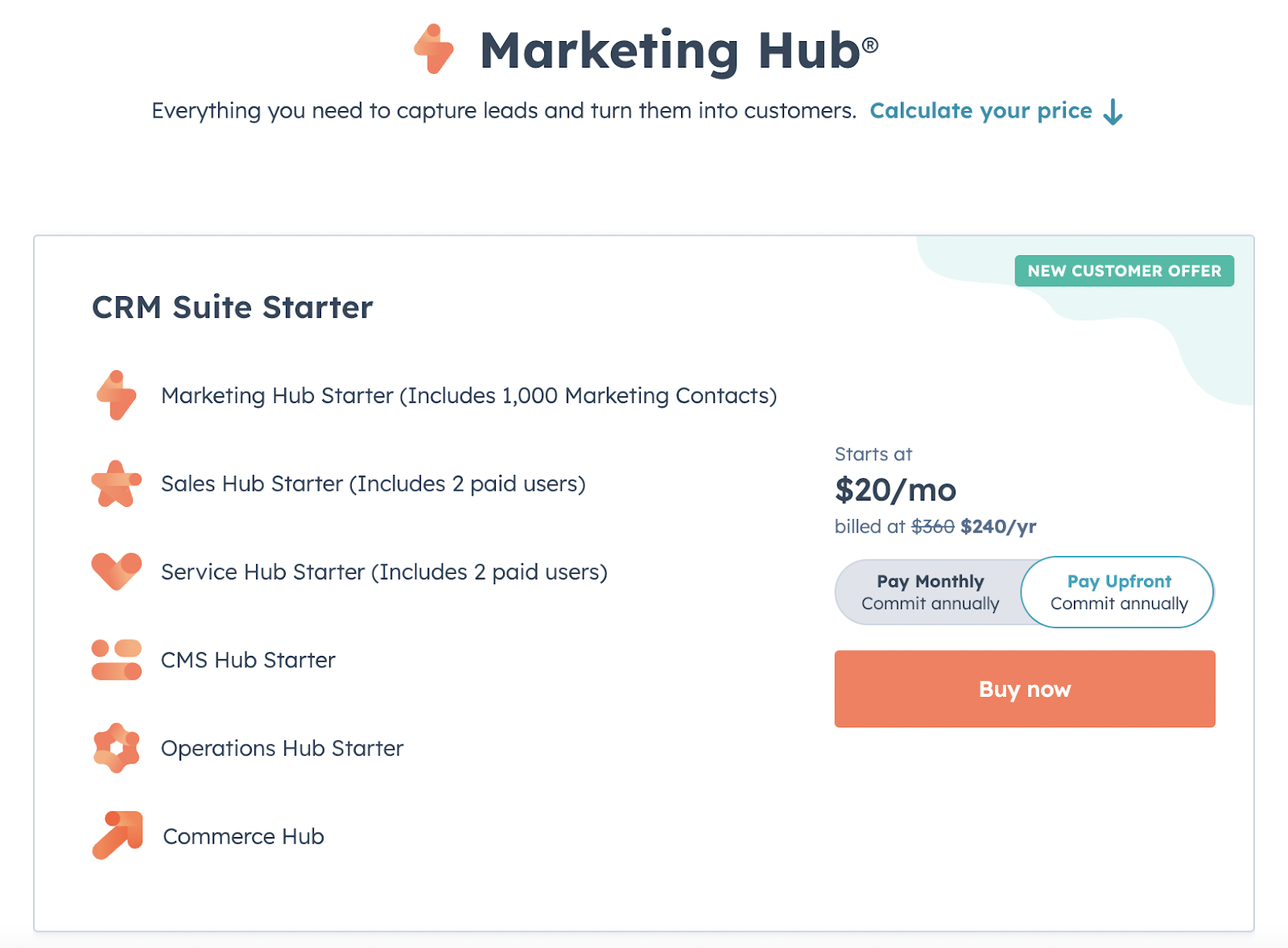 CRM Suite Starter's pricing plan under Marketing Hub
