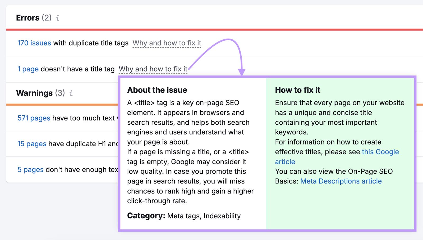 why and how to fix it pop up shows how to remedy a missing title tag