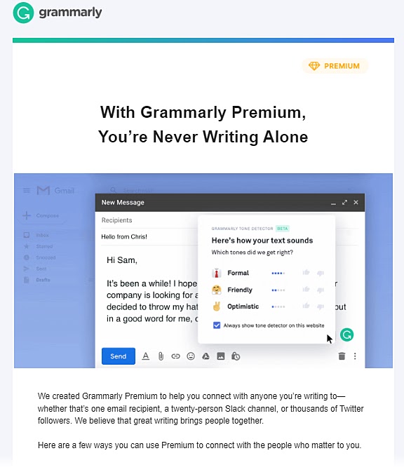 Grammarly's email promoting its Premium plan