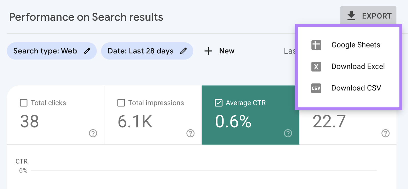 "Export" button in Google Search Console