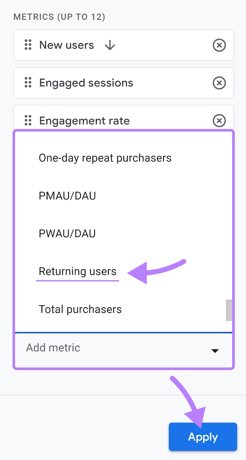 “Returning users" selected from the "Add metric" drop-down menu