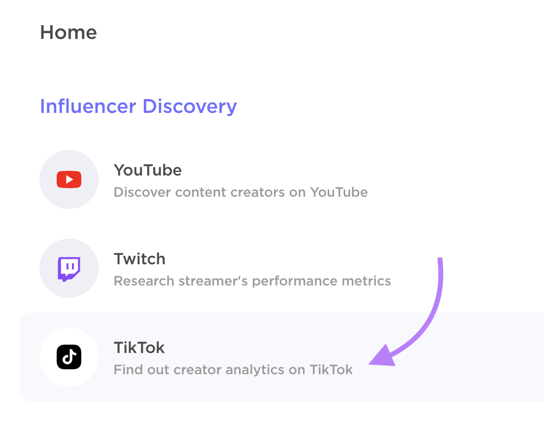 "TikTok" selected under Influencer Analytics