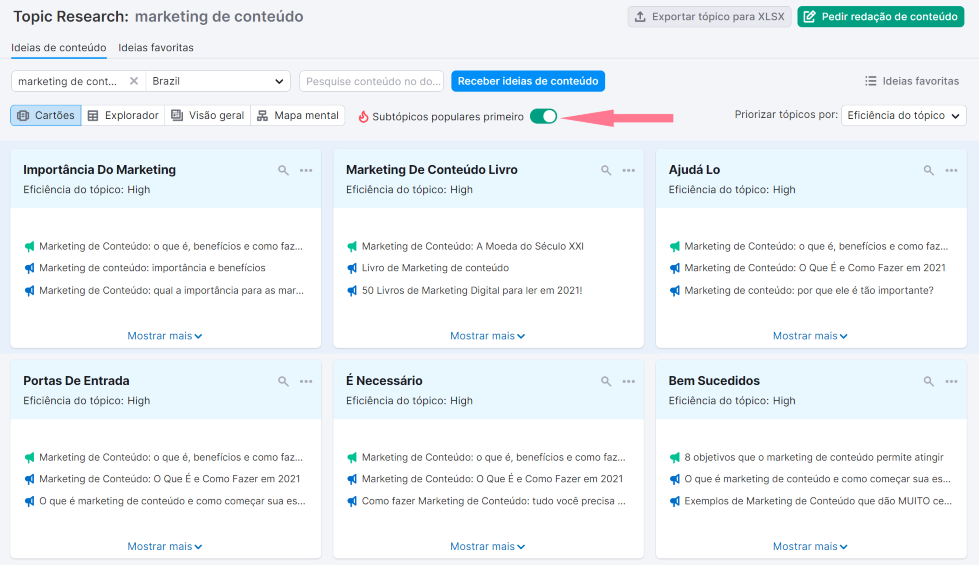 usando a ferramenta topic research