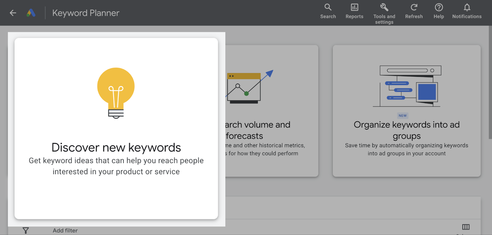 “Discover new keywords” section in Google’s Keyword Planner