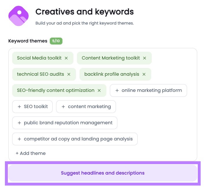 AI-generated keyword suggestions in Ads Launch Assistant