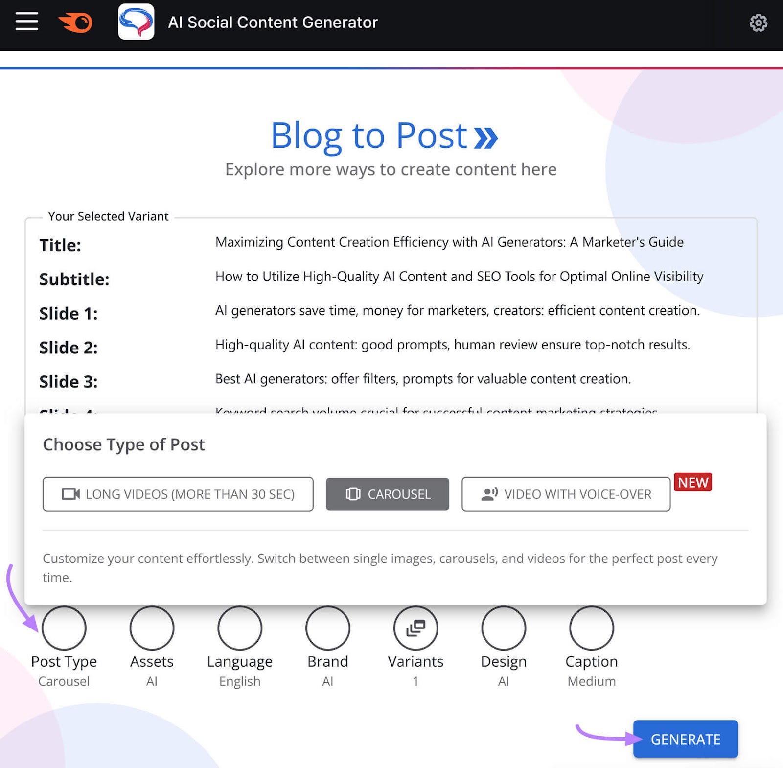 User interface for AI Social Content Generator, showing options for creating a blog post with selectable post types.