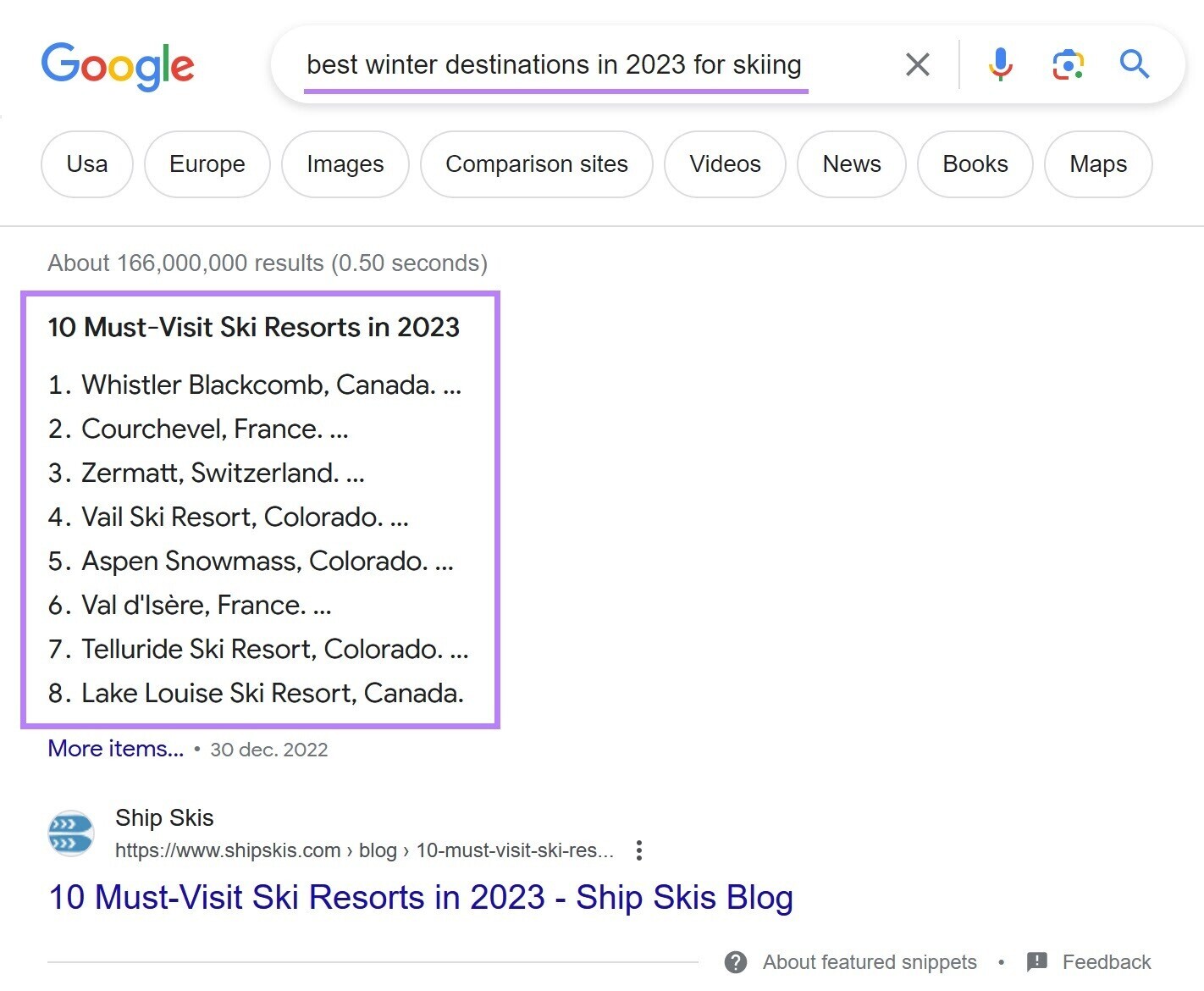 “best winter destinations in 2023 for skiing” query in Google 