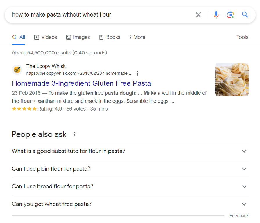 Google's effect   for “how to marque   pasta without wheat flour” query