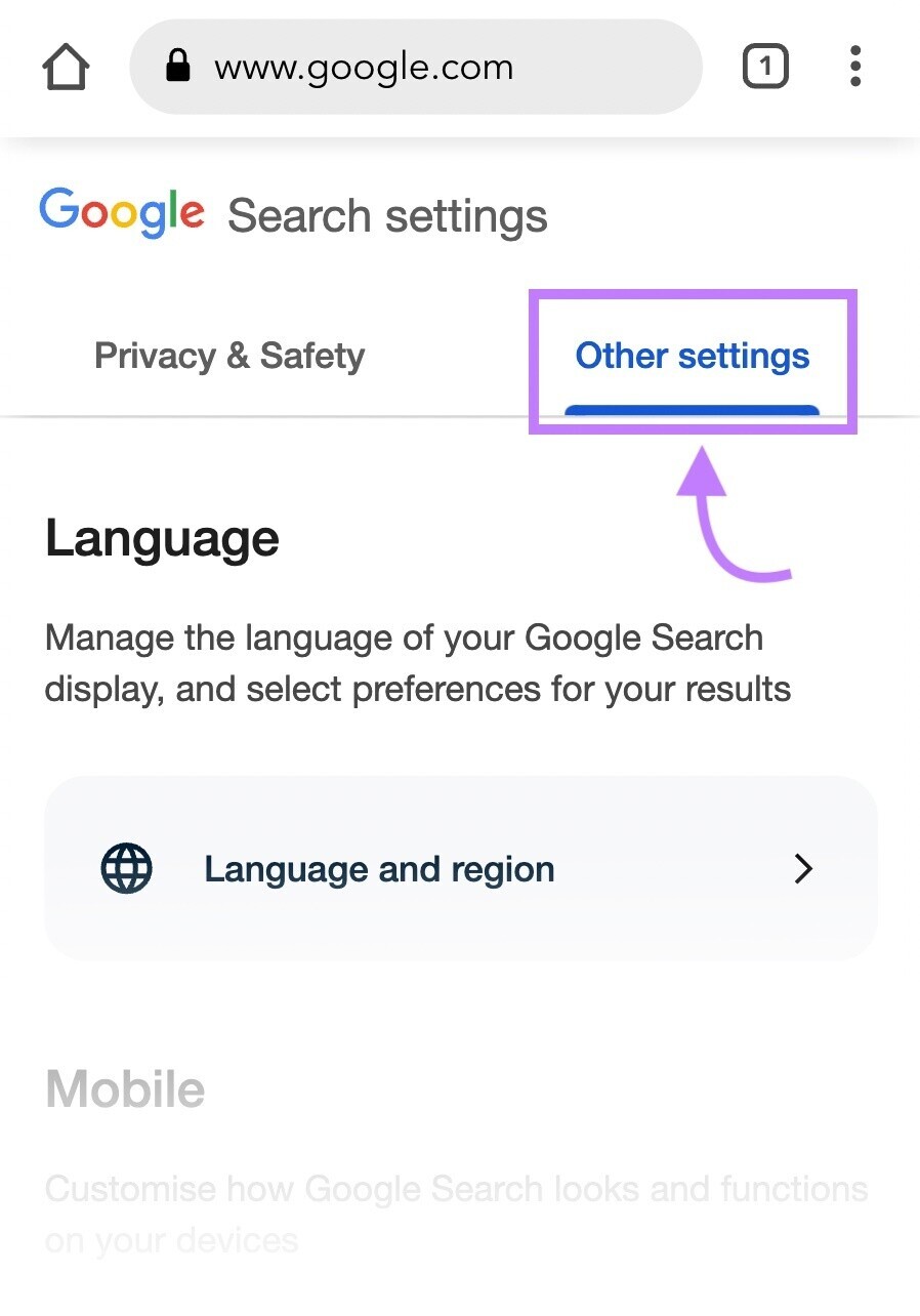 Google “Other settings” button highlighted in purple