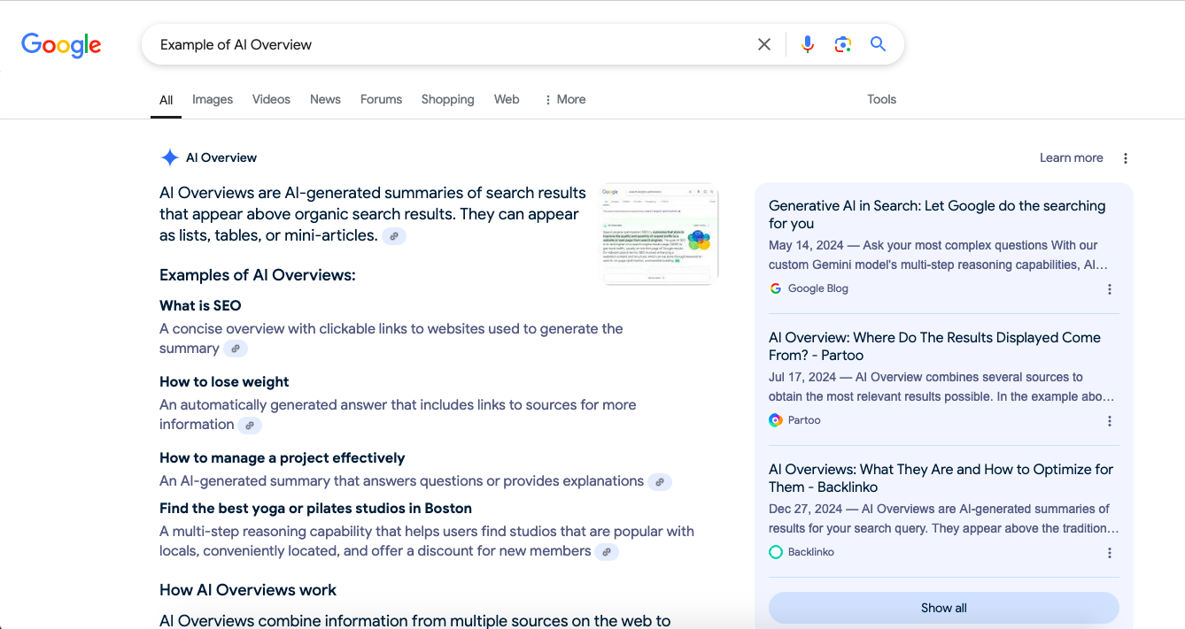 A Google results page that showcases it's AI Overview feature