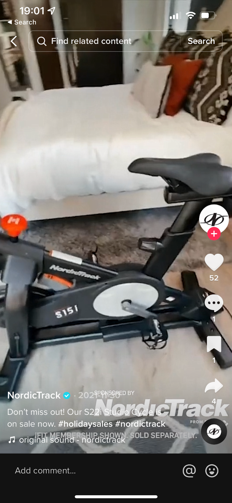 NordicTrack's Instagram video showing its new S22i Studio Cycle