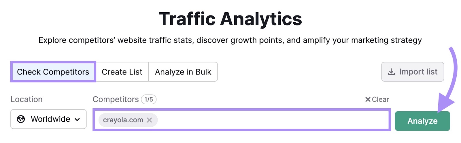 "crayola.com" entered into the Traffic Analytics tool search bar