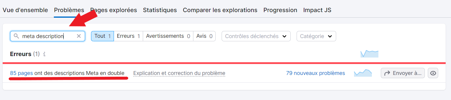 Problèmes de meta descriptions dans Audit de site