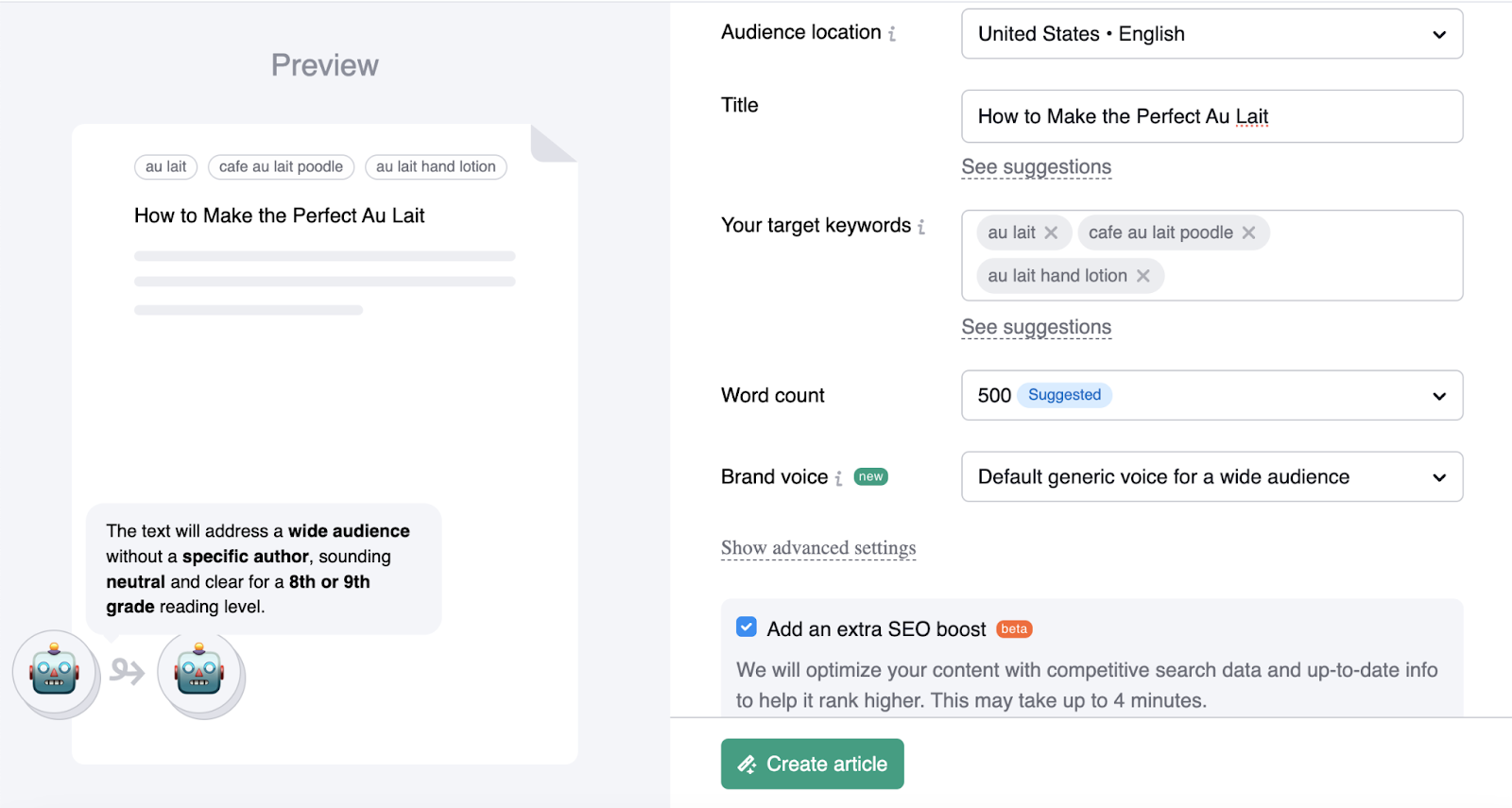 ai copywriting settings see  assemblage  location, people     keywords, connection     count, and marque  voice. the SEO boost fastener  is besides  checked.