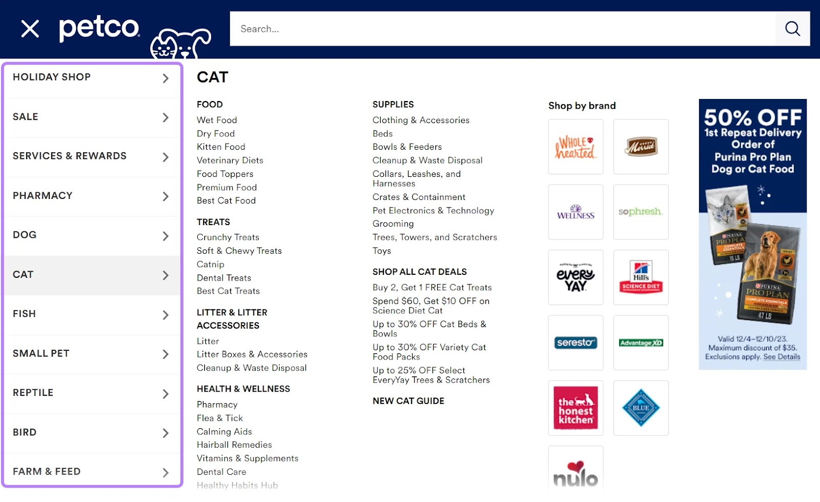 Petco's scrollable sidebar menu