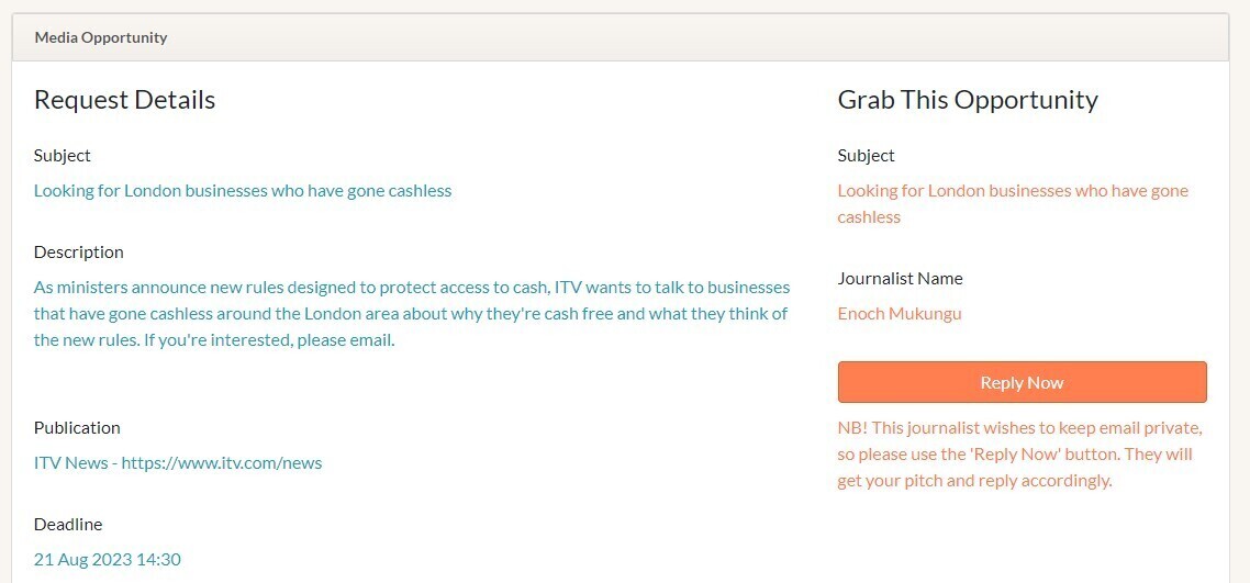 "Media opportunity" section in PressPlugs, showing "Request Details" on the left and "Grab This Opportunity" on the right.