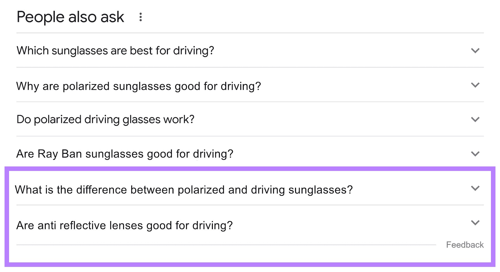 "People also ask" section in Google for “sunglasses for driving” query